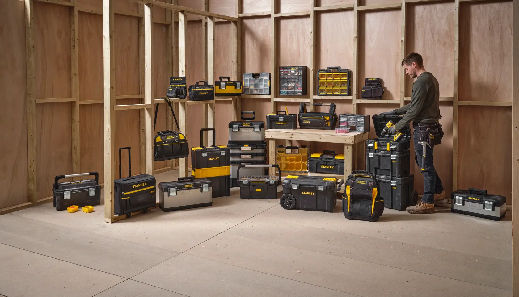 STANLEY 1-94-745 toolboxes and storage cases arranged in workshop, with worker sorting items.