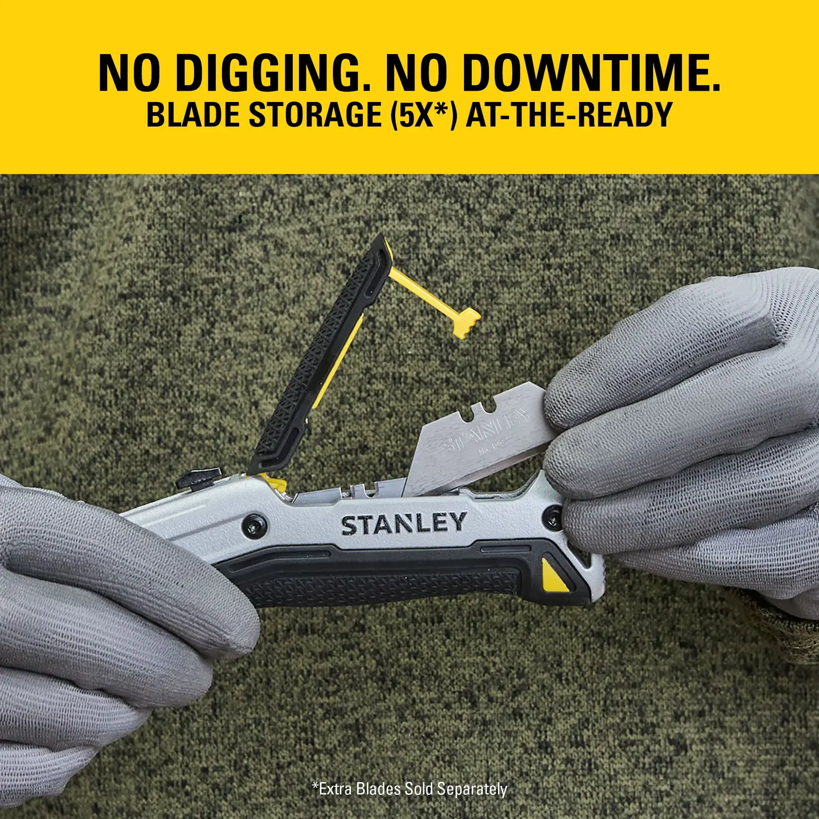 Stanley utility knife with easy blade storage opened, worker wearing gloves inserts a blade.
