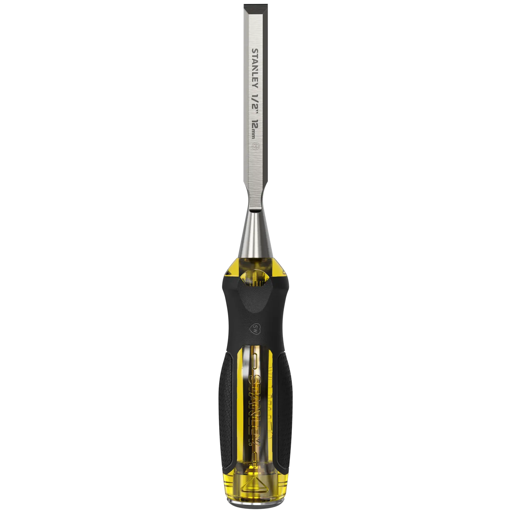 STANLEY 0-16-254 woodworking chisel with yellow and black handle, angled view on white background.