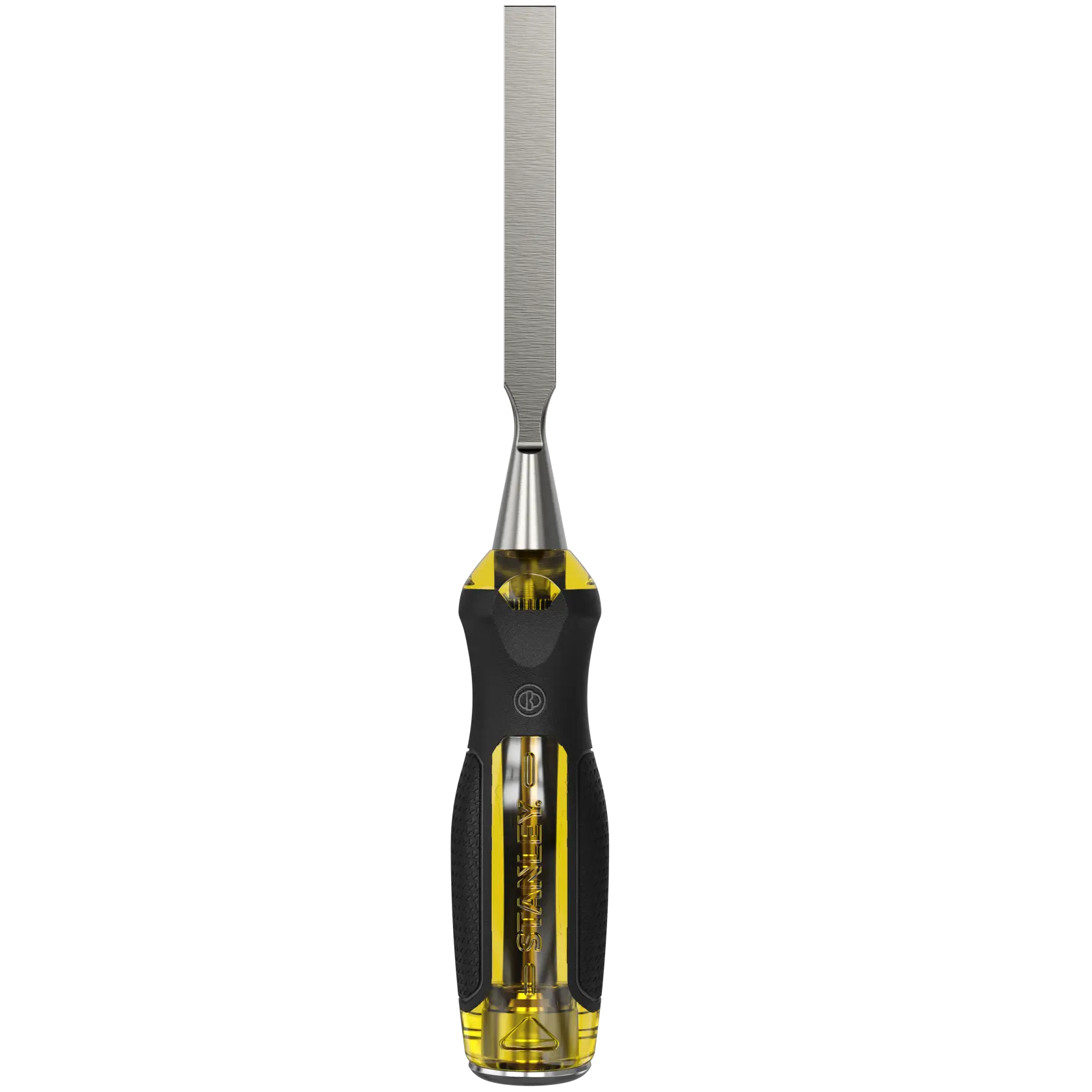 STANLEY 0-16-254 wood chisel with yellow and black handle, front angle, isolated on white background.