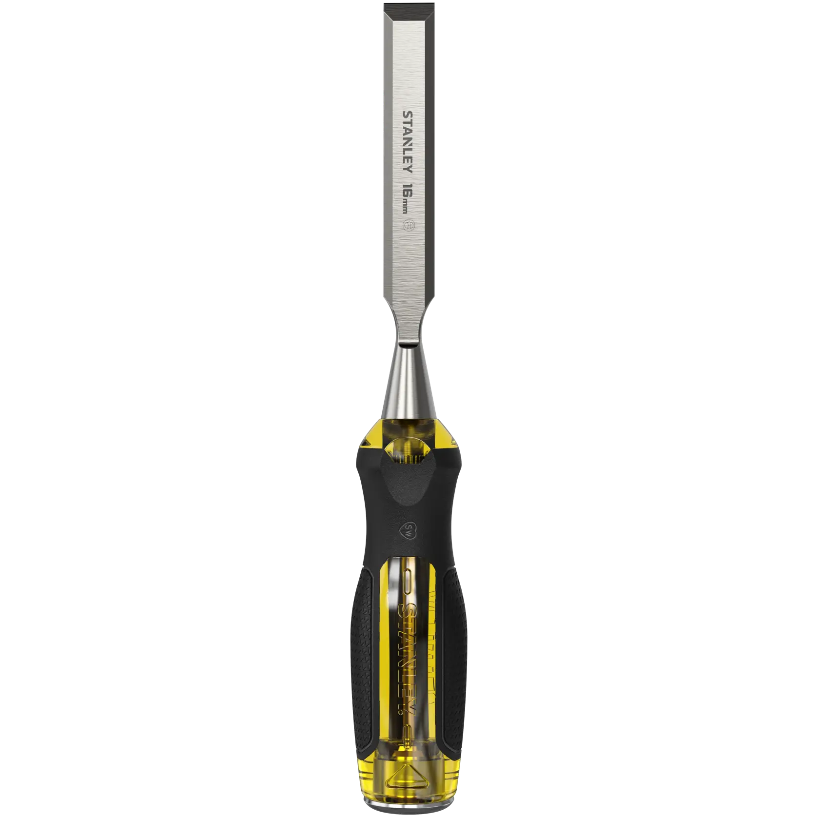Stanley chisel with black and yellow handle and 16mm steel blade, suitable for woodworking tasks.