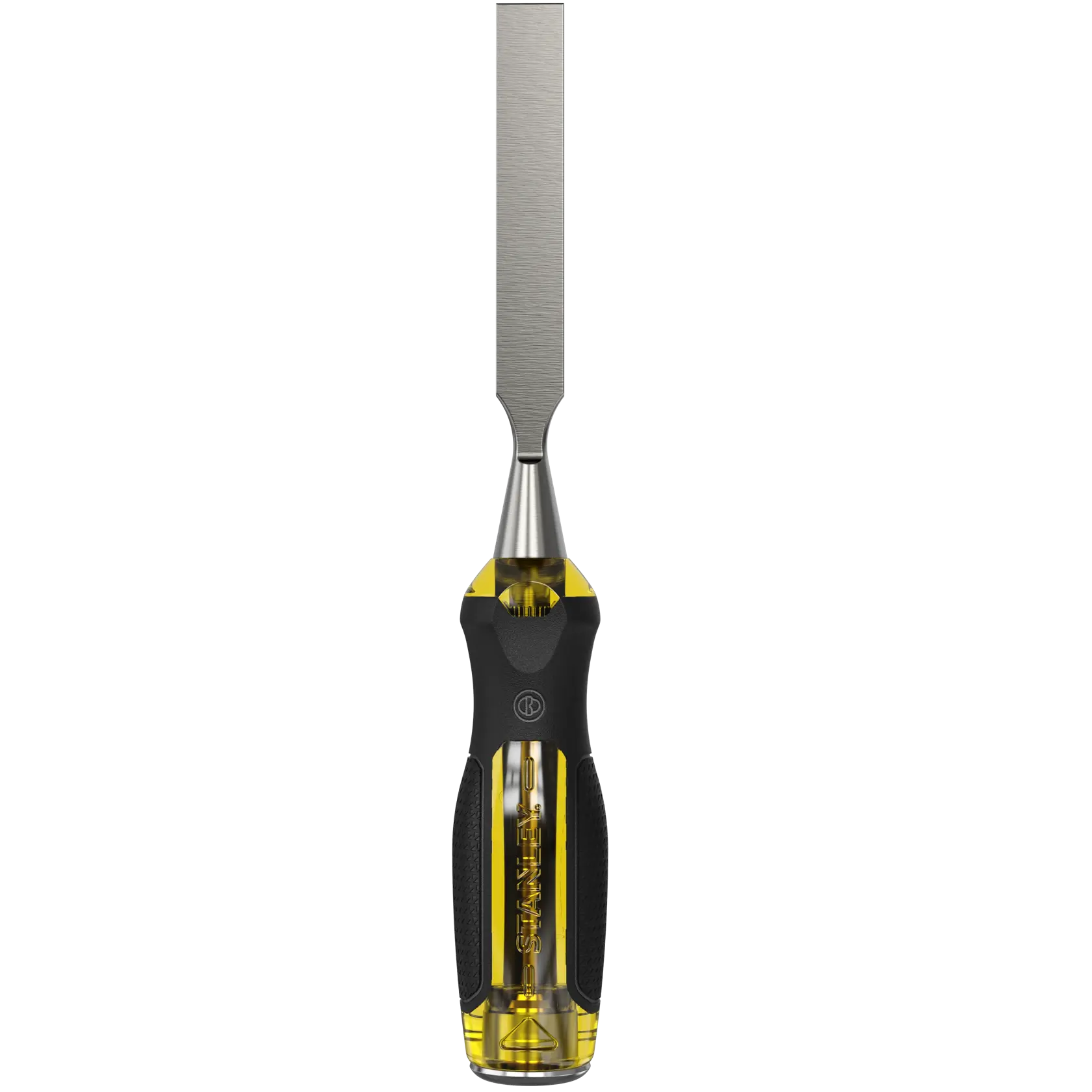 STANLEY 0-16-257 wood chisel with yellow and black ergonomic handle, front angle on white background.