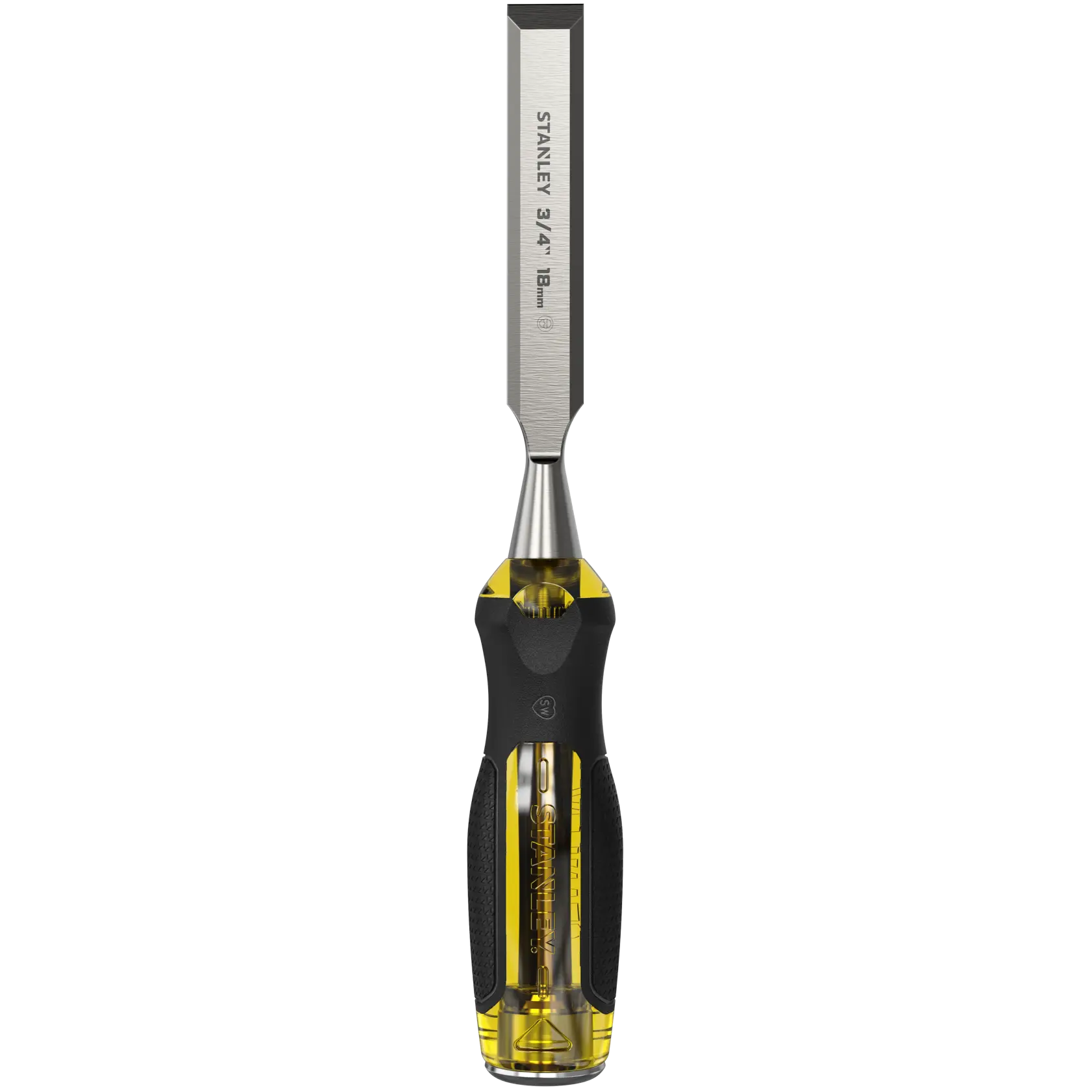 STANLEY 0-16-258 wood chisel with steel blade and yellow-black ergonomic handle, angled on white background.