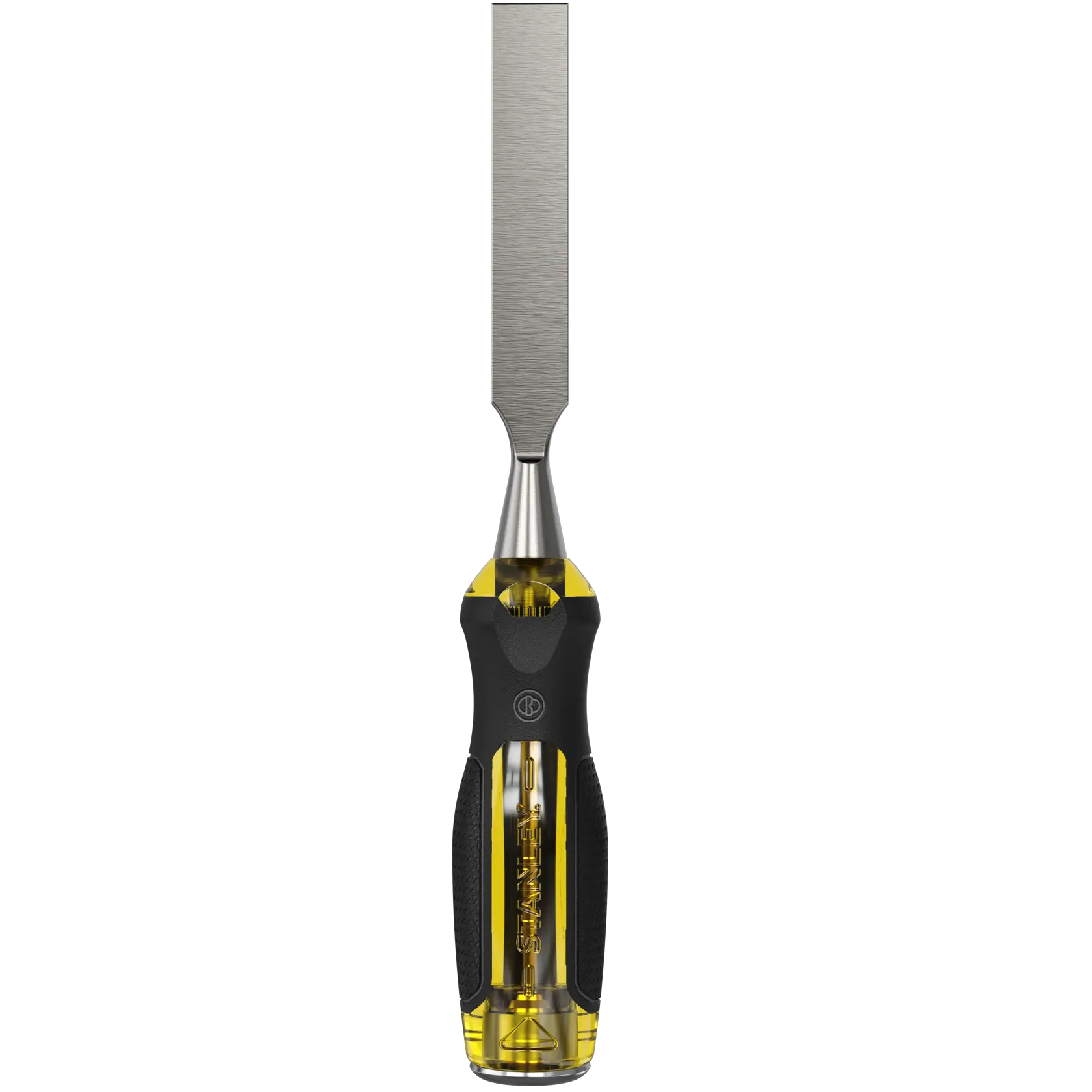 STANLEY 0-16-258 chisel tool with yellow and black handle, photography, front view on white background.