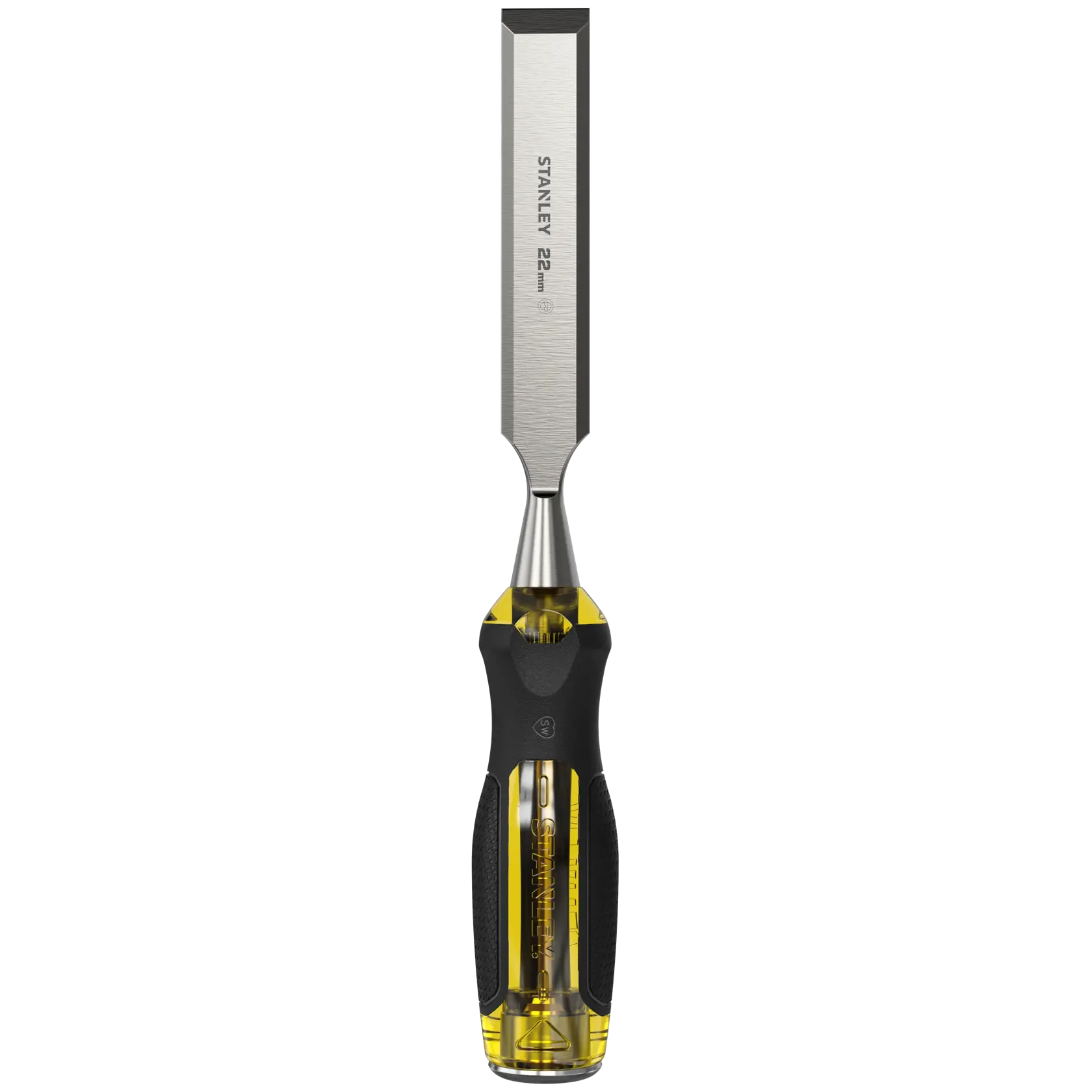 Stanley 22 mm chisel with yellow and black grip handle, suitable for woodworking and precise carving tasks.