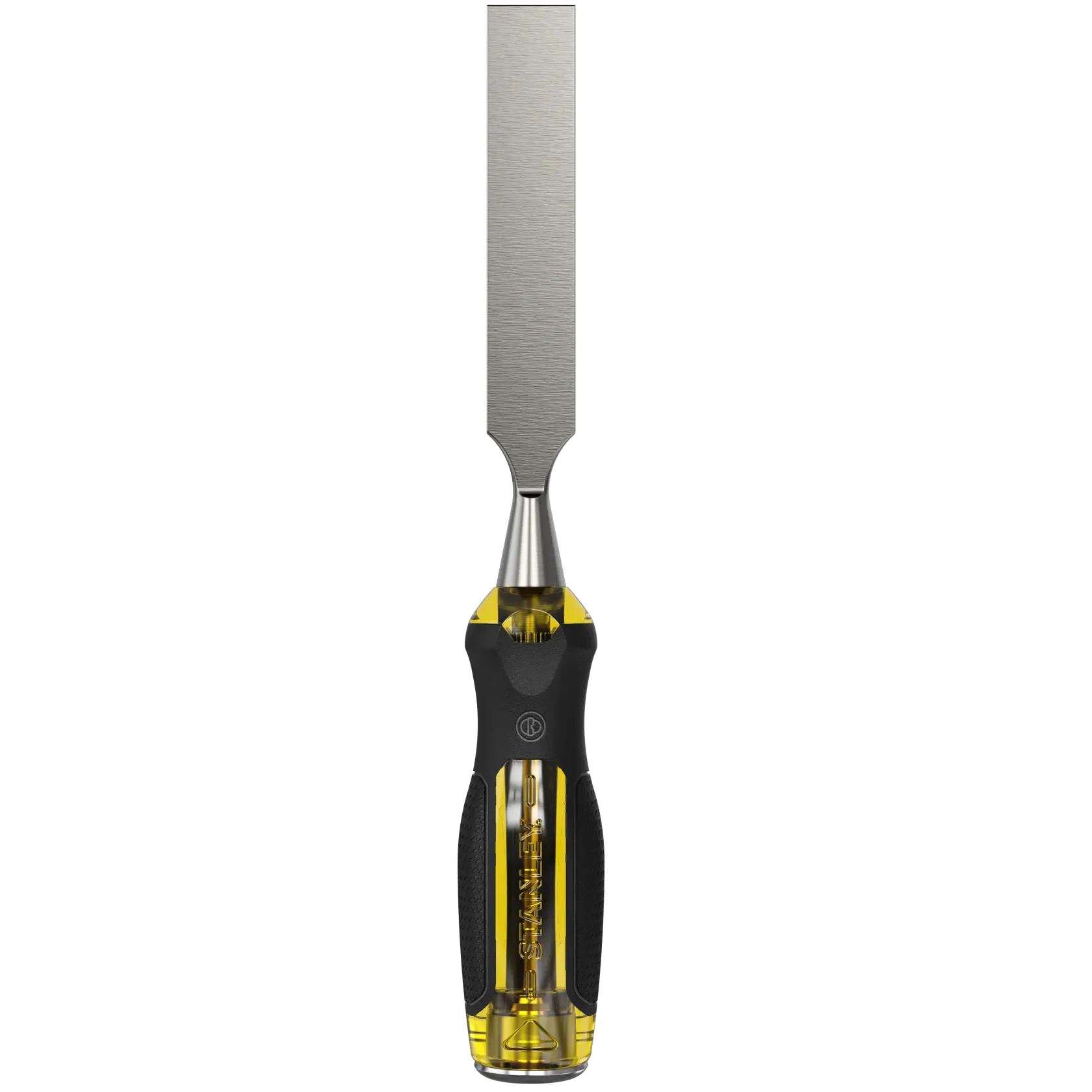 STANLEY 0-16-260 wood chisel with yellow and black ergonomic handle, front view, on white background.