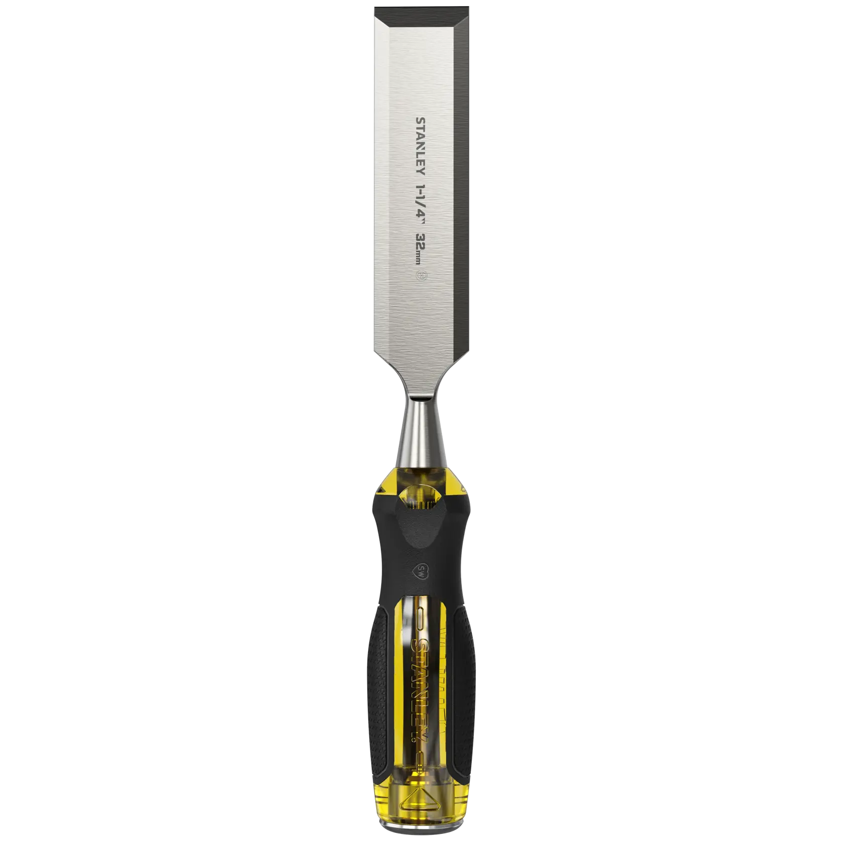 Stanley wood chisel with a yellow and black handle and a 32mm blade, ideal for woodworking tasks.