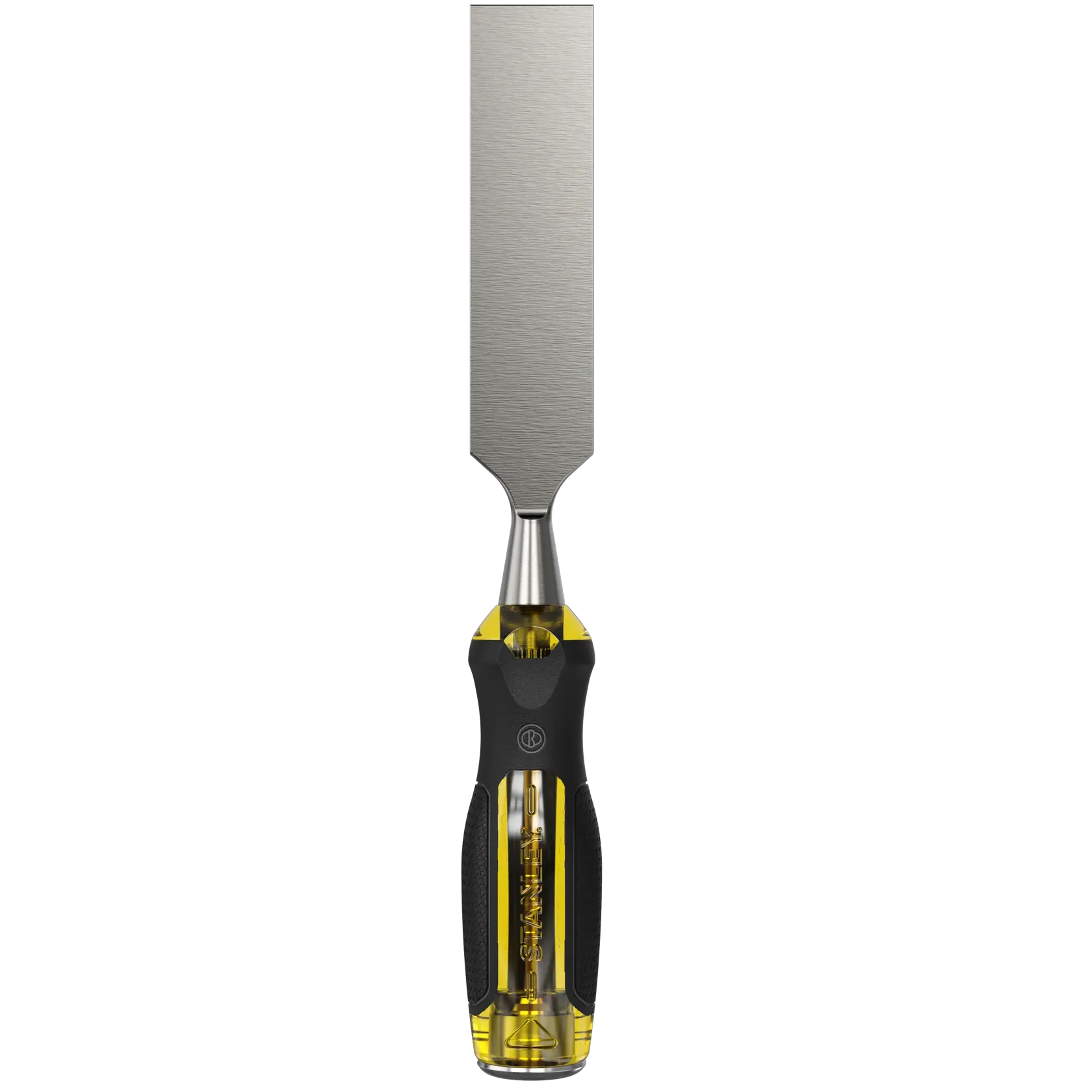 STANLEY 0-16-263 wood chisel with yellow and black grip handle, front view on white background.