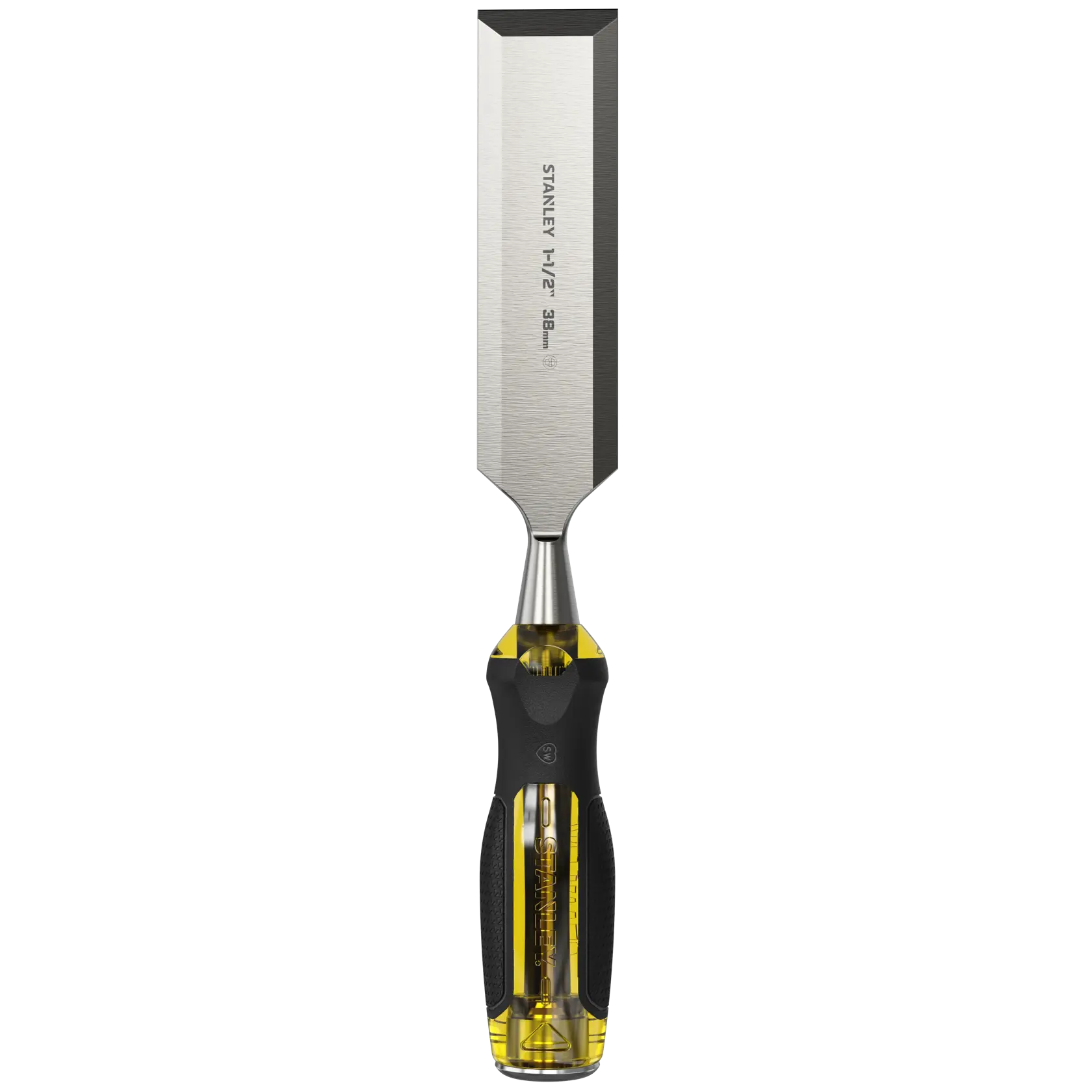 STANLEY 0-16-265 chisel with steel blade and yellow-black ergonomic handle, photography on white background.