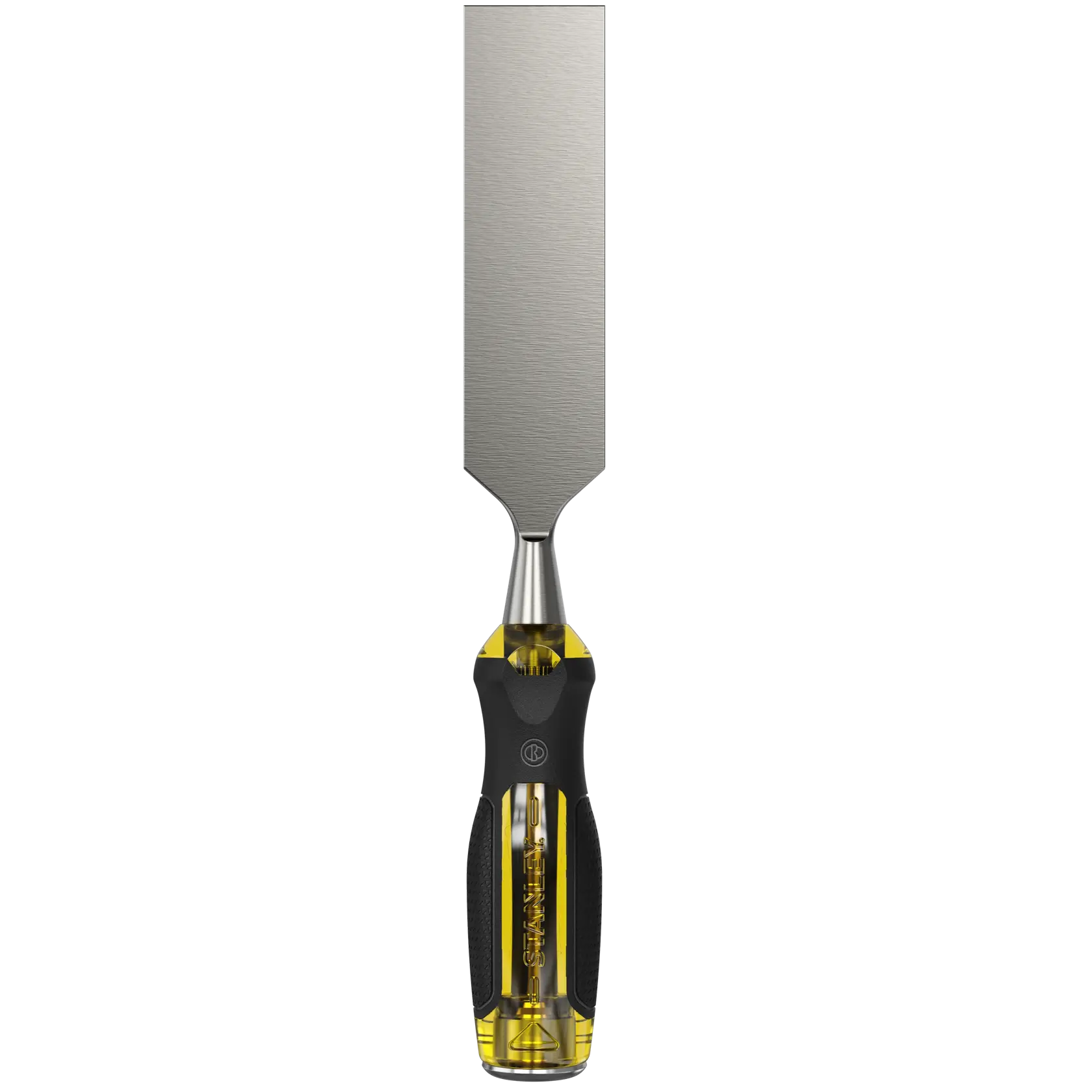 STANLEY 0-16-265 wood chisel with yellow and black ergonomic handle, front view on white background.