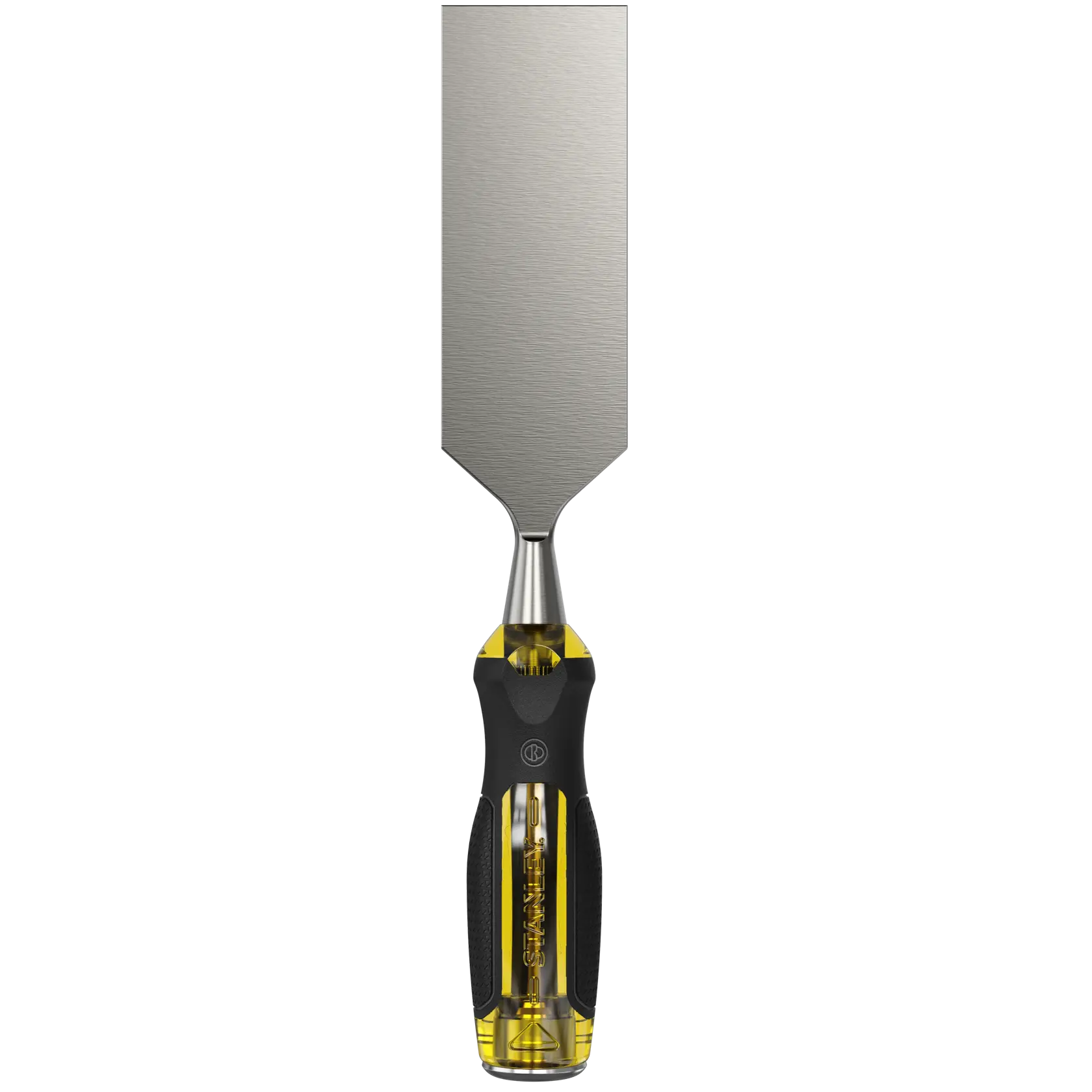 STANLEY 0-16-267 chisel with wide steel blade and black-yellow ergonomic handle, front view on white background.