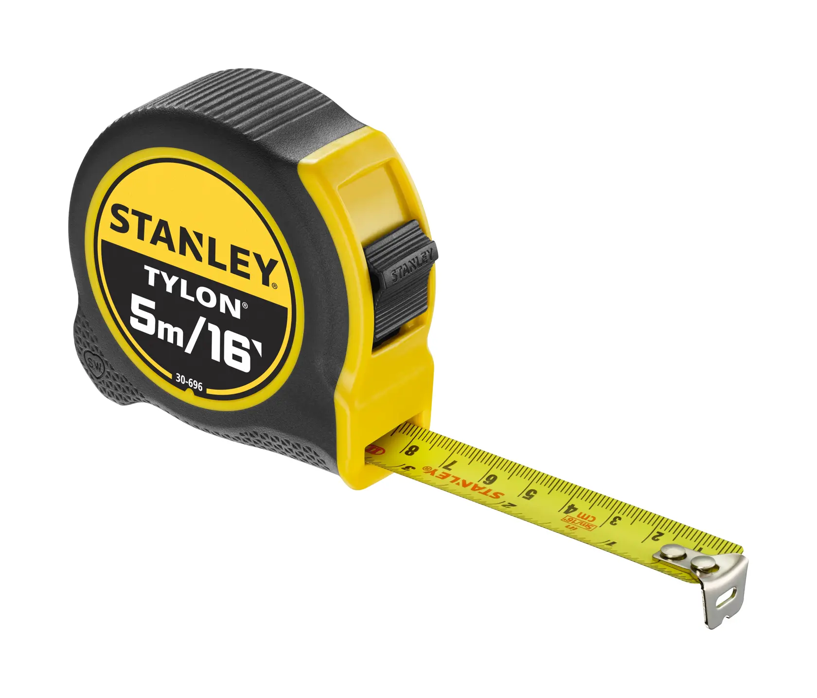 STANLEY 0-30-696 Tylon tape measure, black and yellow, 5m/16ft, front angle on white background.