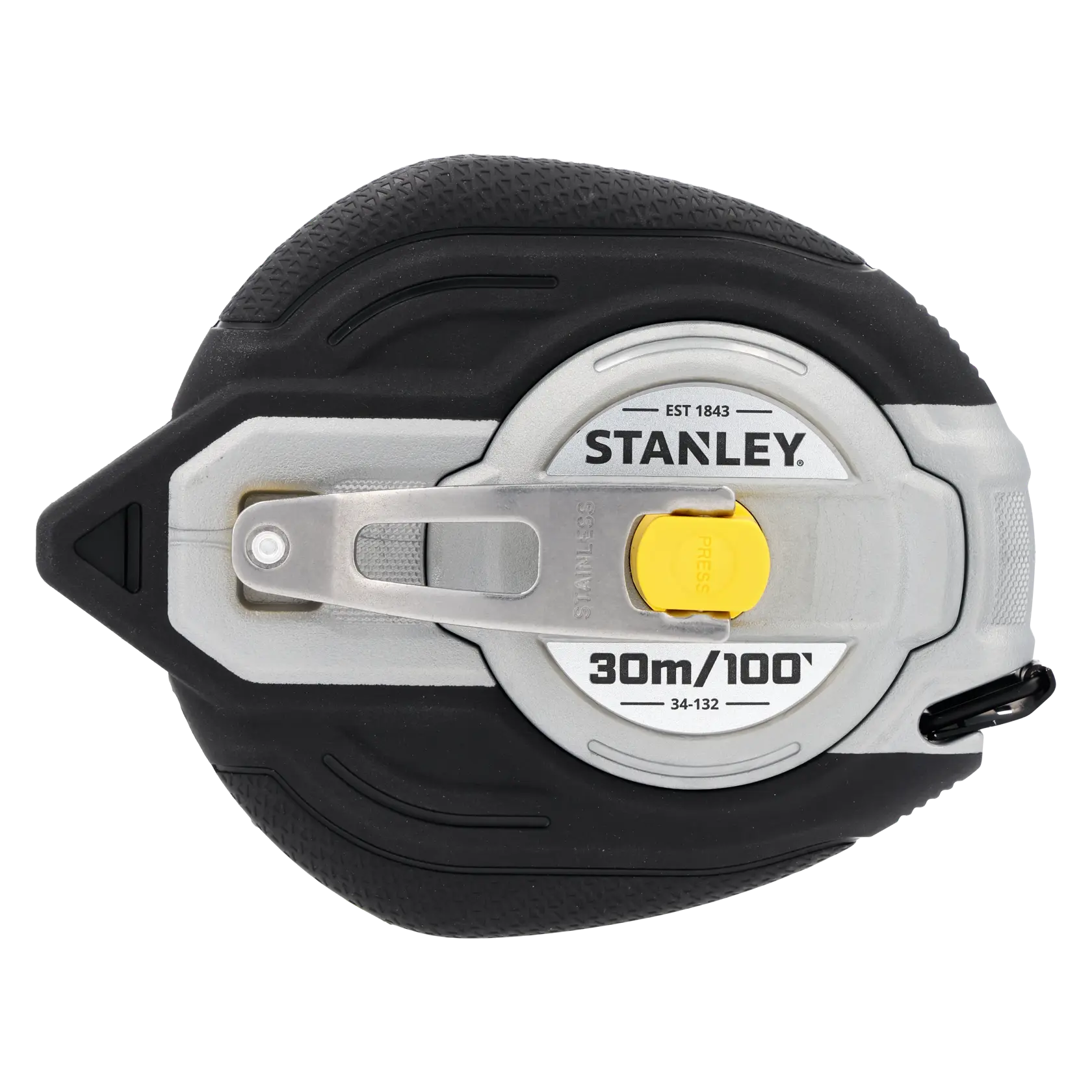Stanley 0-34-132 open reel tape measure, 30m/100ft, black and silver, top view, product photography.