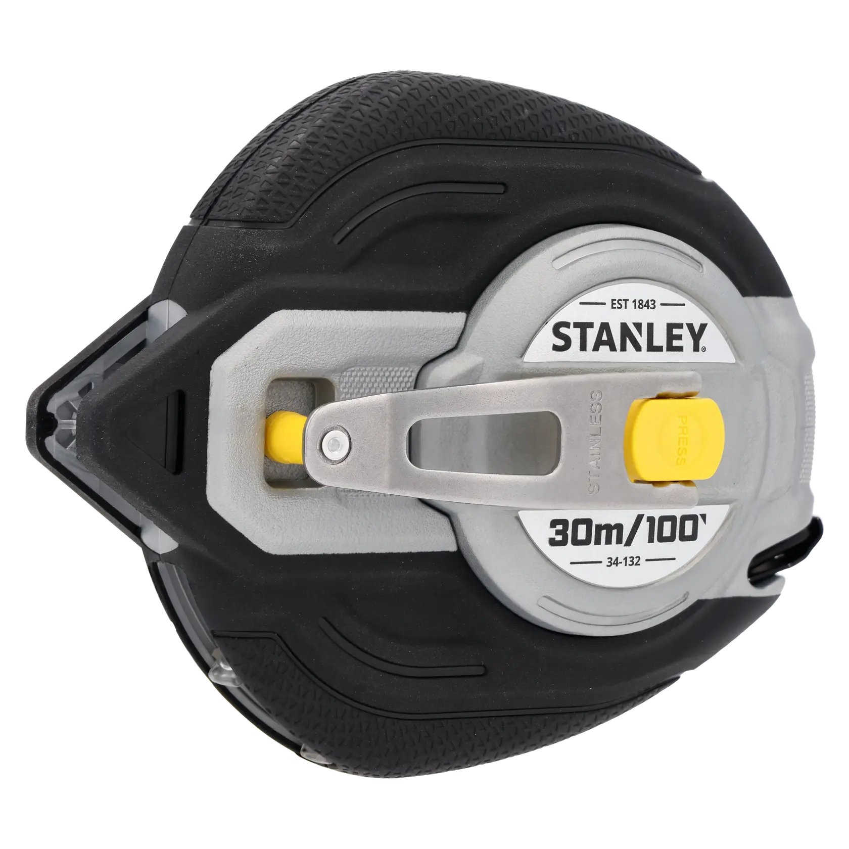 Photo of STANLEY 0-34-132 open reel measuring tape, black and gray casing, front angle view.