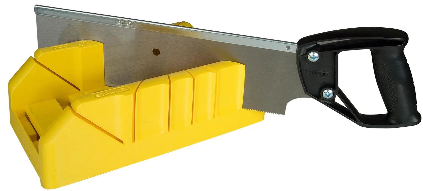 STANLEY 1-19-800 yellow mitre box with black-handled saw, side angle on white background.