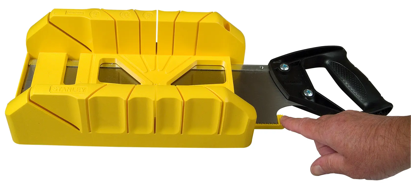 STANLEY 1-19-800 yellow mitre box with back saw, angled view, hand holding saw handle.