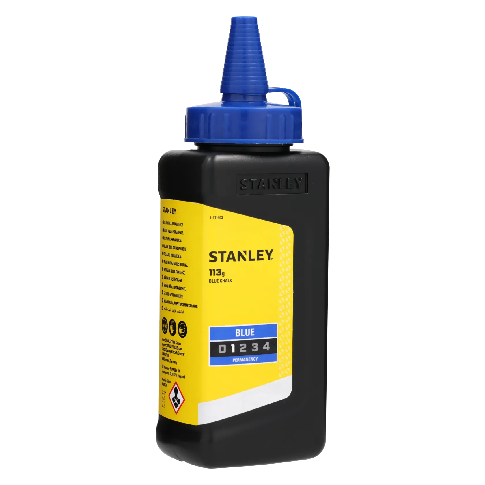 STANLEY 1-47-403 blue chalk powder bottle, 113g, yellow label, black container with blue cap, front angle.