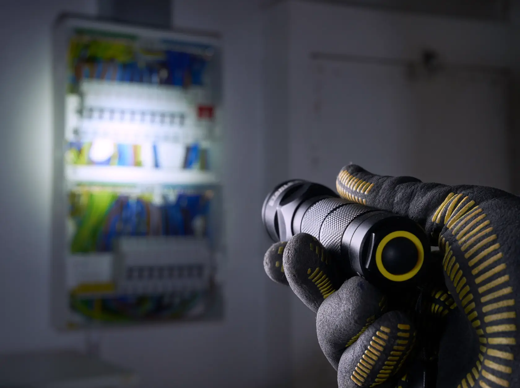STANLEY 1-95-152 flashlight in gloved hand illuminating electrical panel, close-up, photography.