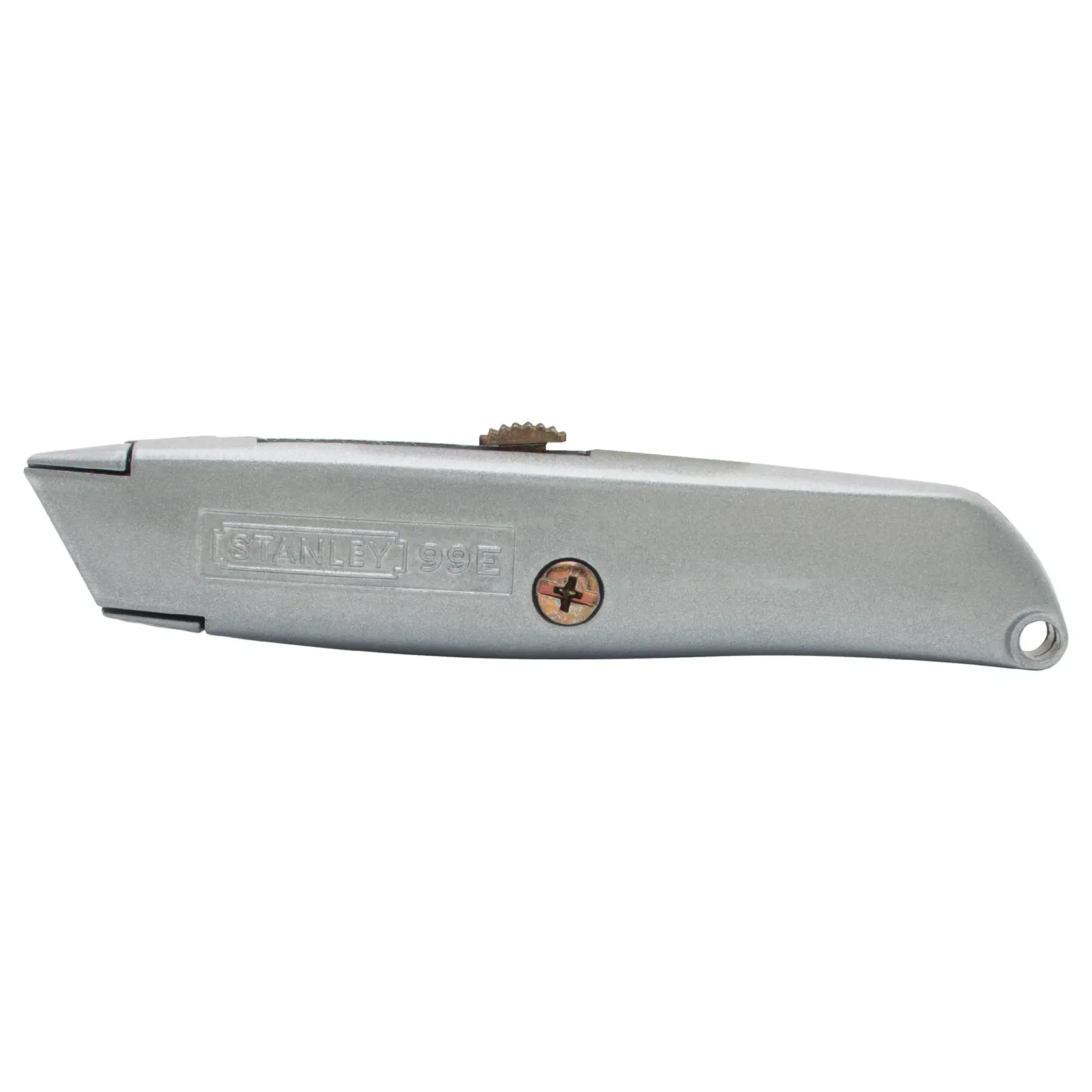 Photo of STANLEY SKU 10-099-KR utility knife, silver metal body, side view, white background.