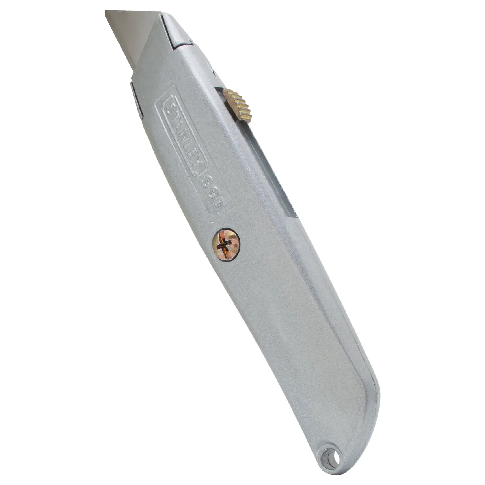 STANLEY 10-099-KR utility knife, silver metal body, side view, retractable blade, textured grip knob.