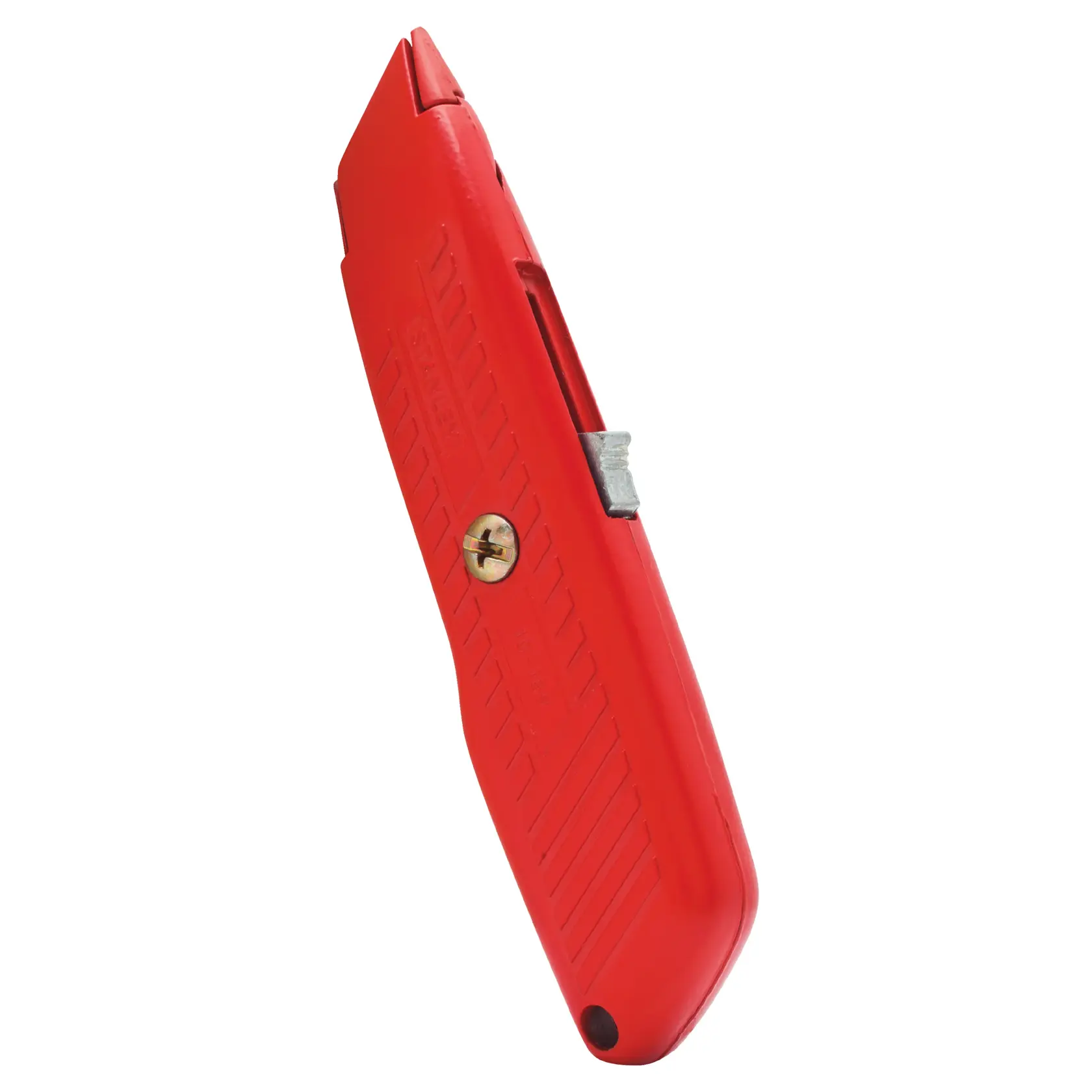 Stanley red utility knife side angle, retractable blade, ergonomic textured grip, white background