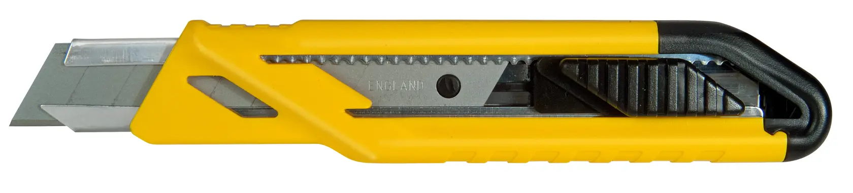 Yellow and black retractable utility knife with segmented blade, suitable for cutting materials.