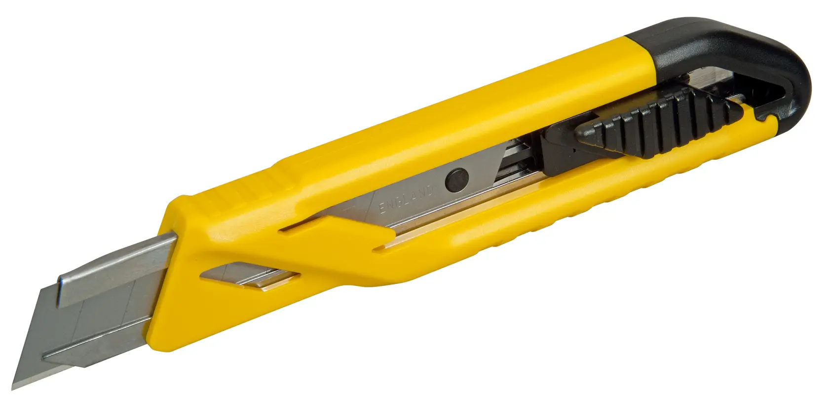 STANLEY 10-280 utility knife with yellow and black plastic body, angled view on white background.
