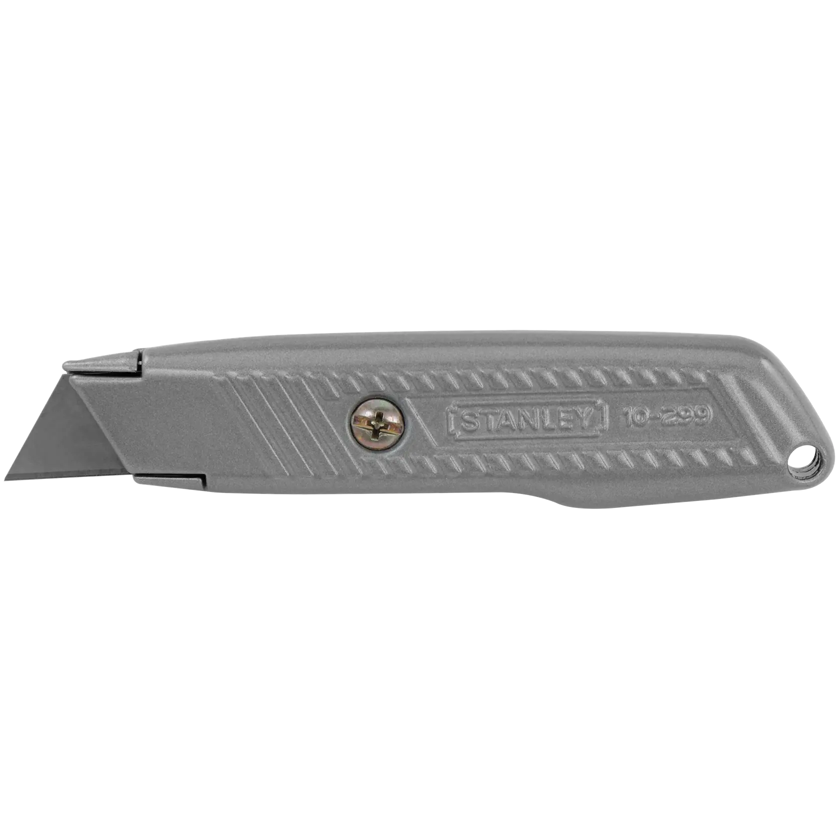 Stanley utility knife, silver metal, side profile on white background, fixed blade design.