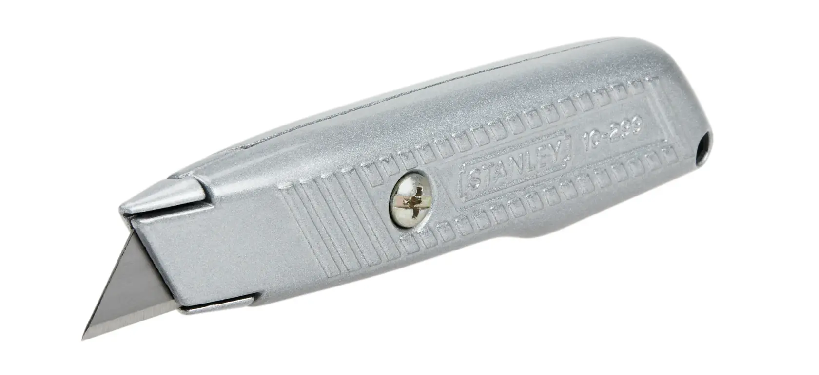 Stanley utility knife, silver metal body, side angle on white background, exposed straight blade