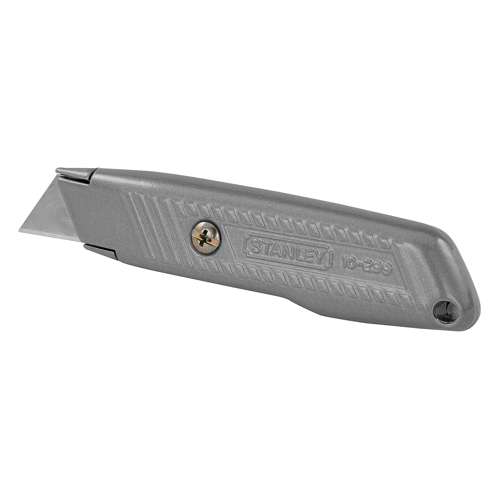 Photo of STANLEY 10-299 utility knife, gray metal body, side angle on white background.