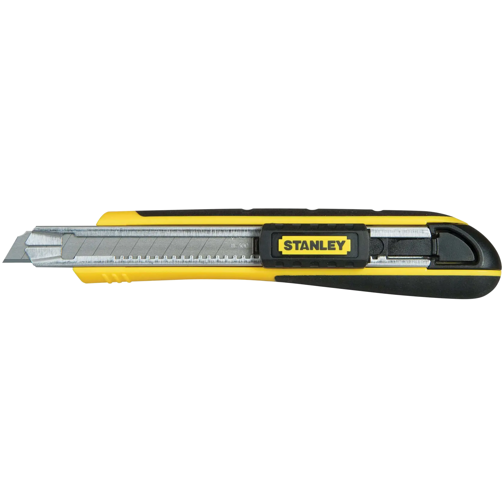 Stanley utility knife, yellow and black, side view on white background, retractable segmented blade