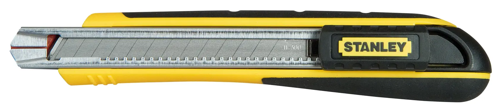 STANLEY 10-475 snap-off utility knife, black and yellow handle, side view, white background.
