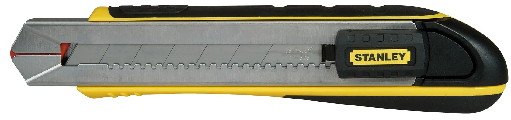STANLEY 10-486 snap-off utility knife, yellow and black, side angle, photography product.