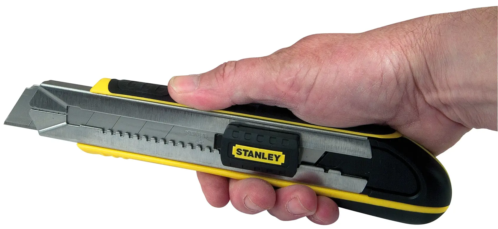 Photo of STANLEY 10-486 utility knife held in hand, yellow and black body, side angle, cutting tool.