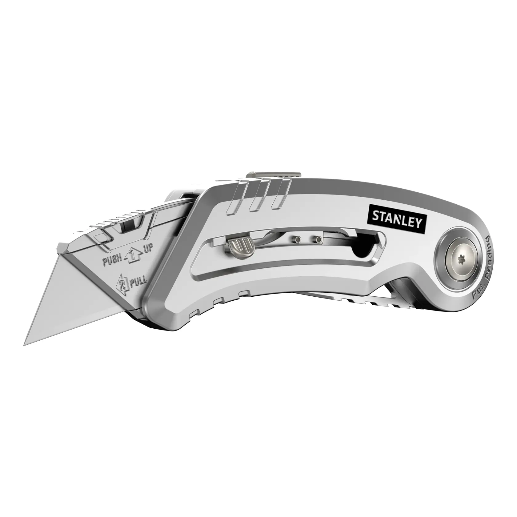 Stanley folding pocket knife side view with partially serrated blade and silver handle on white background.