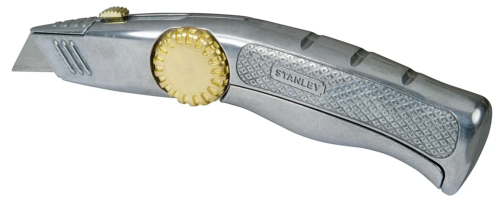 STANLEY 10-815 utility knife, silver metal body with gold adjustment wheel, side view on white background.