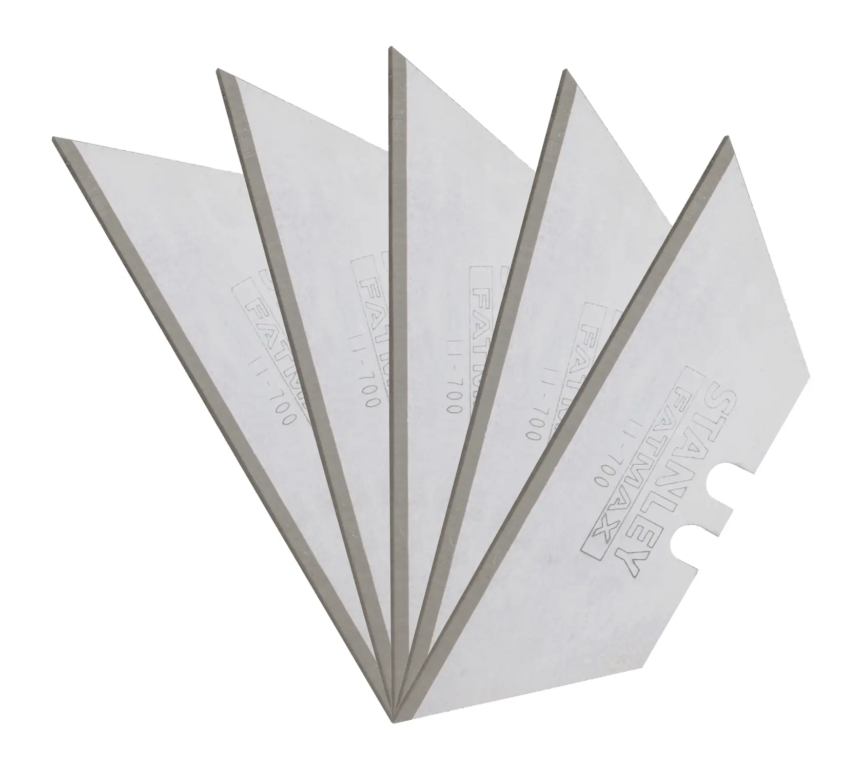 STANLEY 11-700 utility knife blades, set of five, silver color, fanned out, white background.