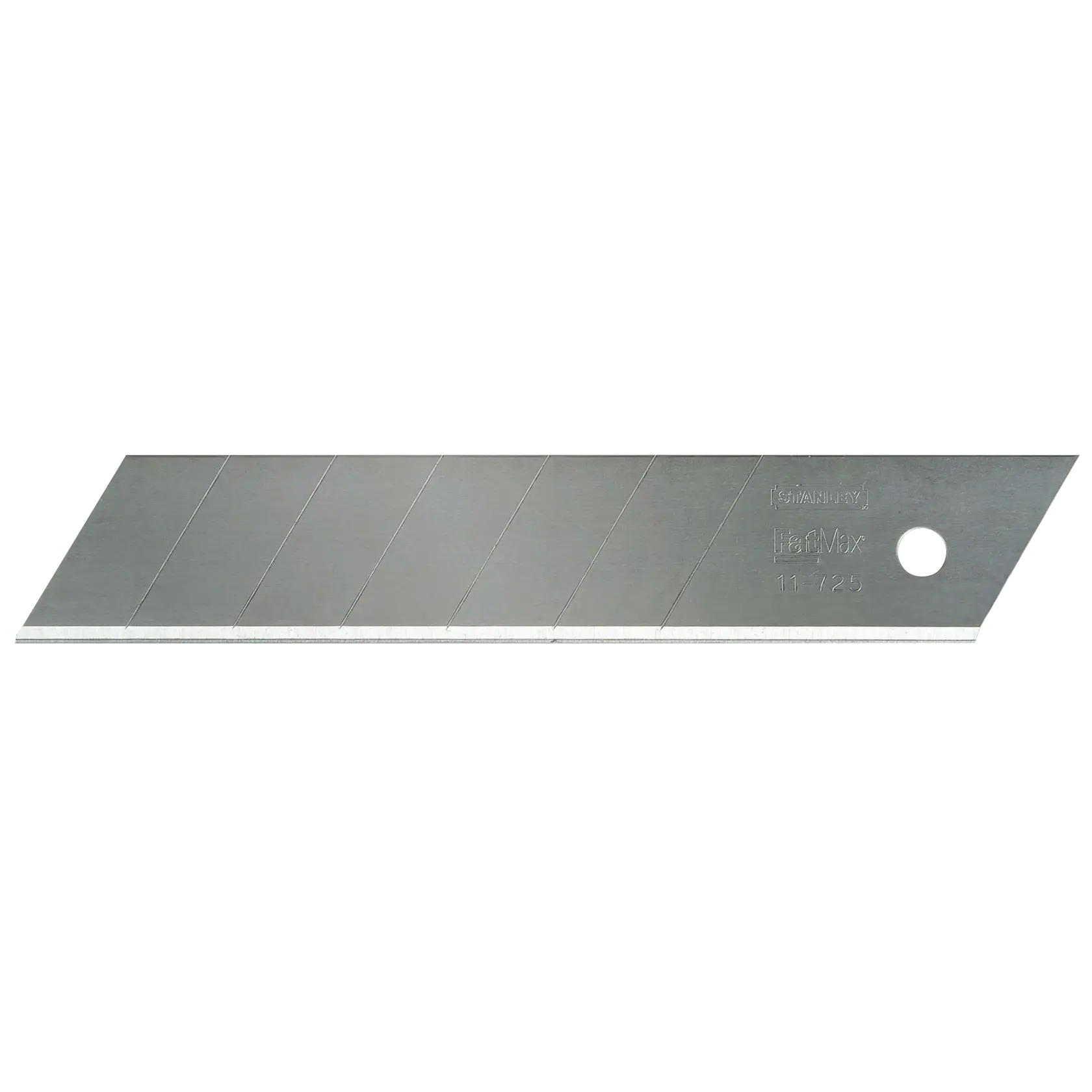 Stanley snap-off utility knife blade, silver, flat side view on white background