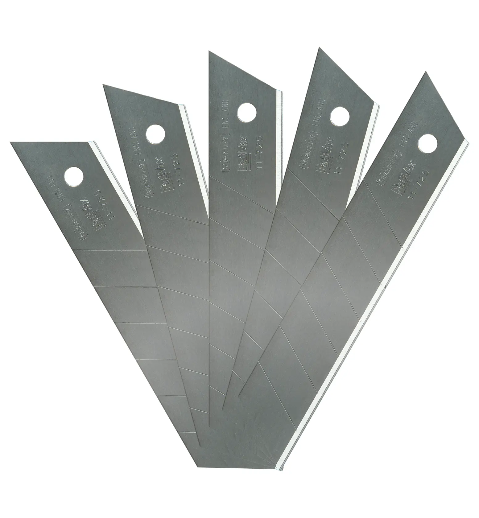 STANLEY 11-725 utility knife replacement blades, set of five, photography on white background.
