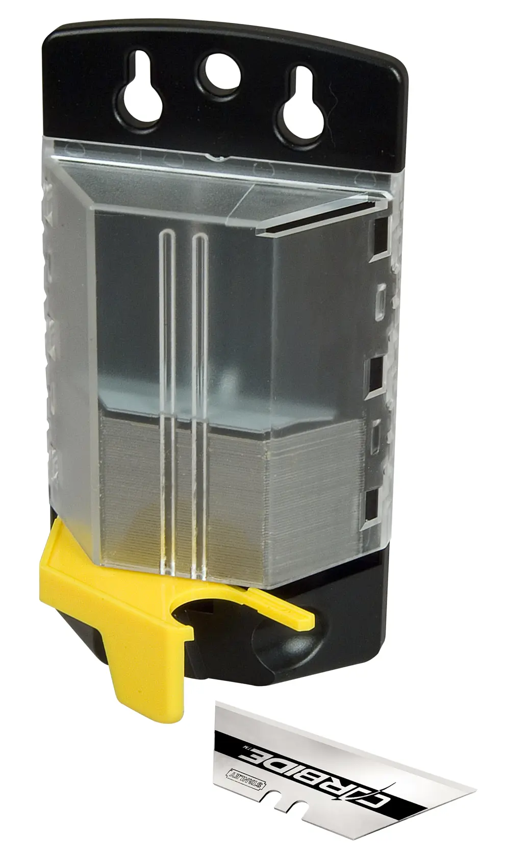 Stanley razor blade dispenser with clear cover and a single razor blade shown below.