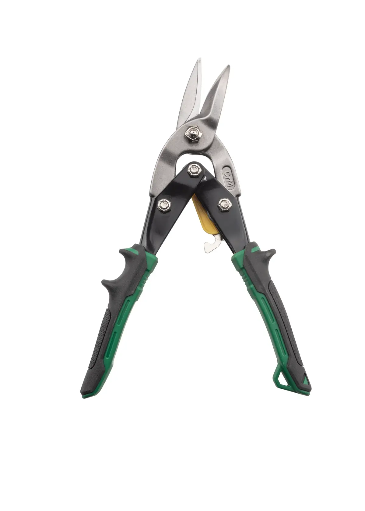 STANLEY 14-564 aviation snips with black and green handles, front view on white background.