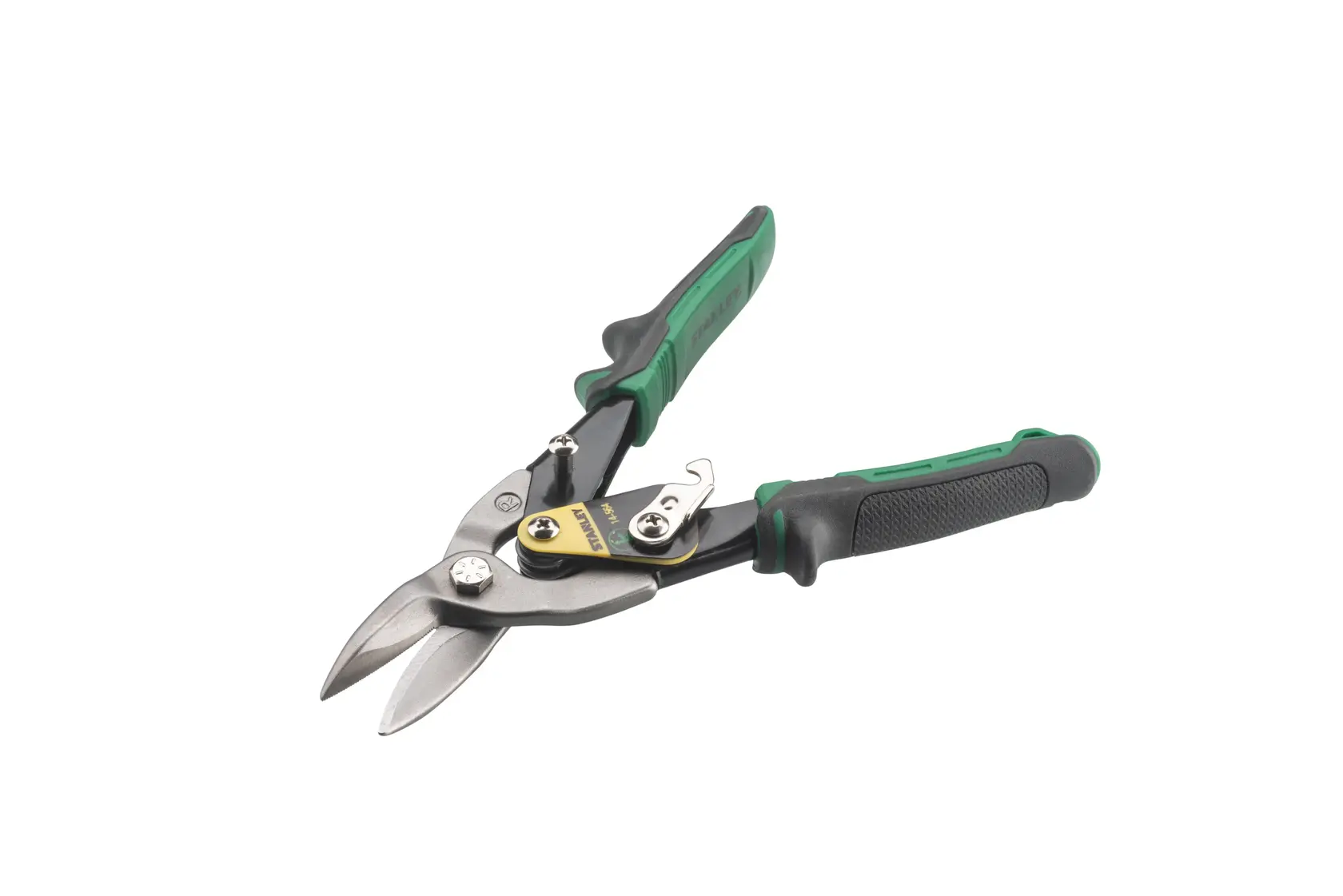 STANLEY 14-564 aviation snips with green and black handles, angled view on white background.