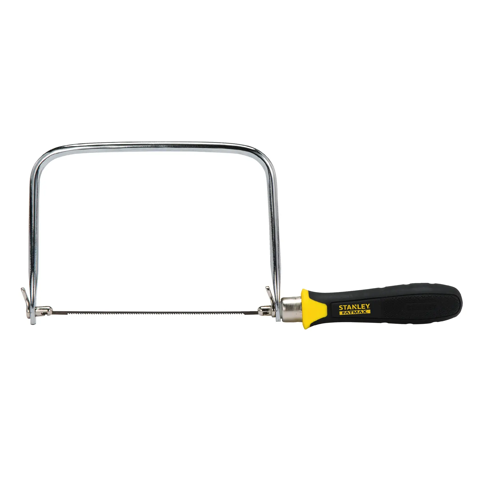 Stanley FATMAX coping saw front view with black and yellow handle and thin metal blade on white background