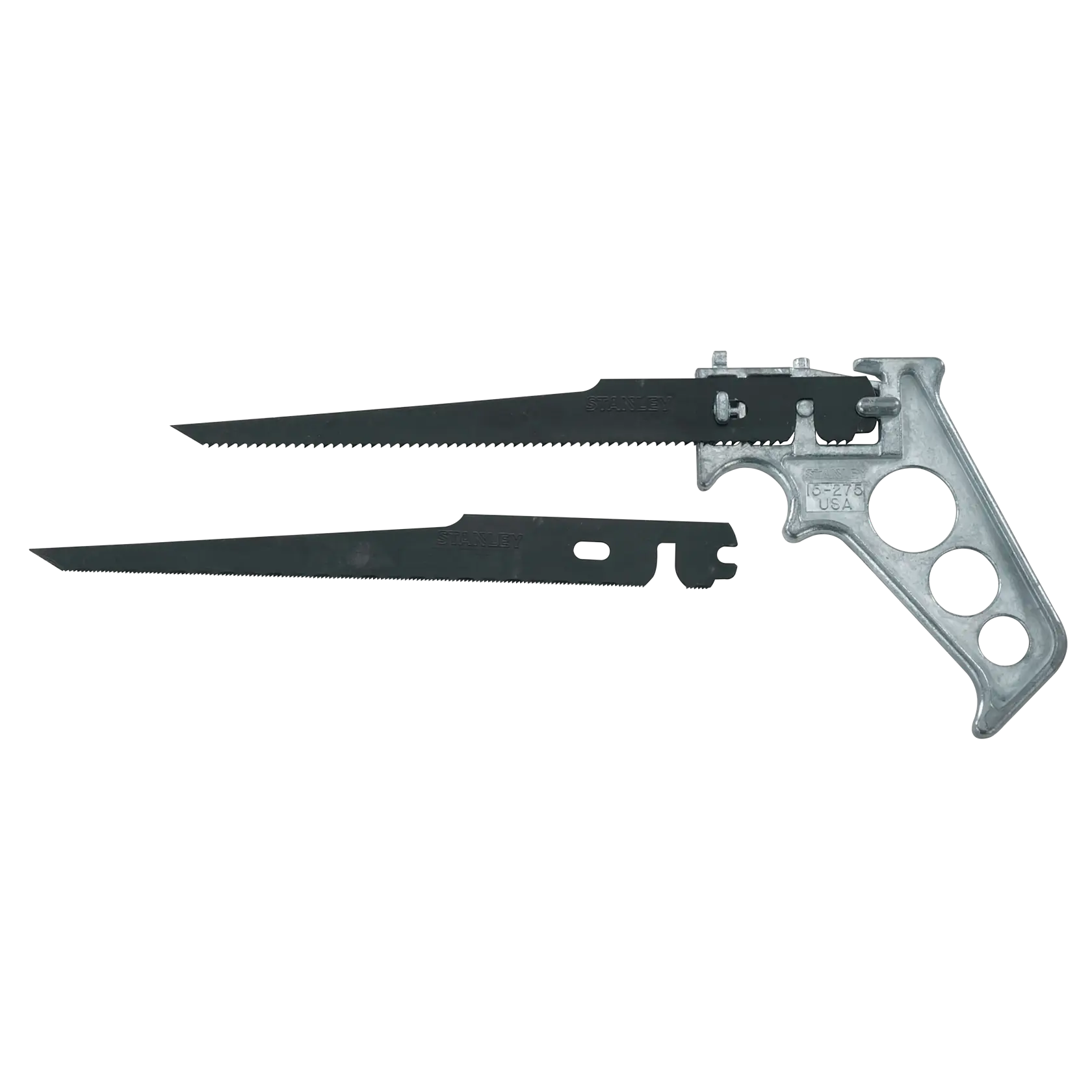 Stanley photography saw with metal handle, two black blades, side view on white background
