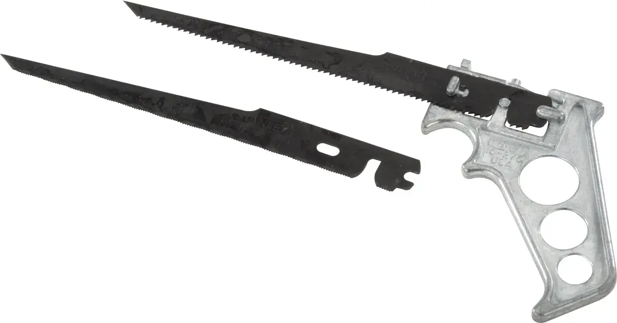 Stanley folding saw set with metal handle and two black interchangeable blades, angled on white background