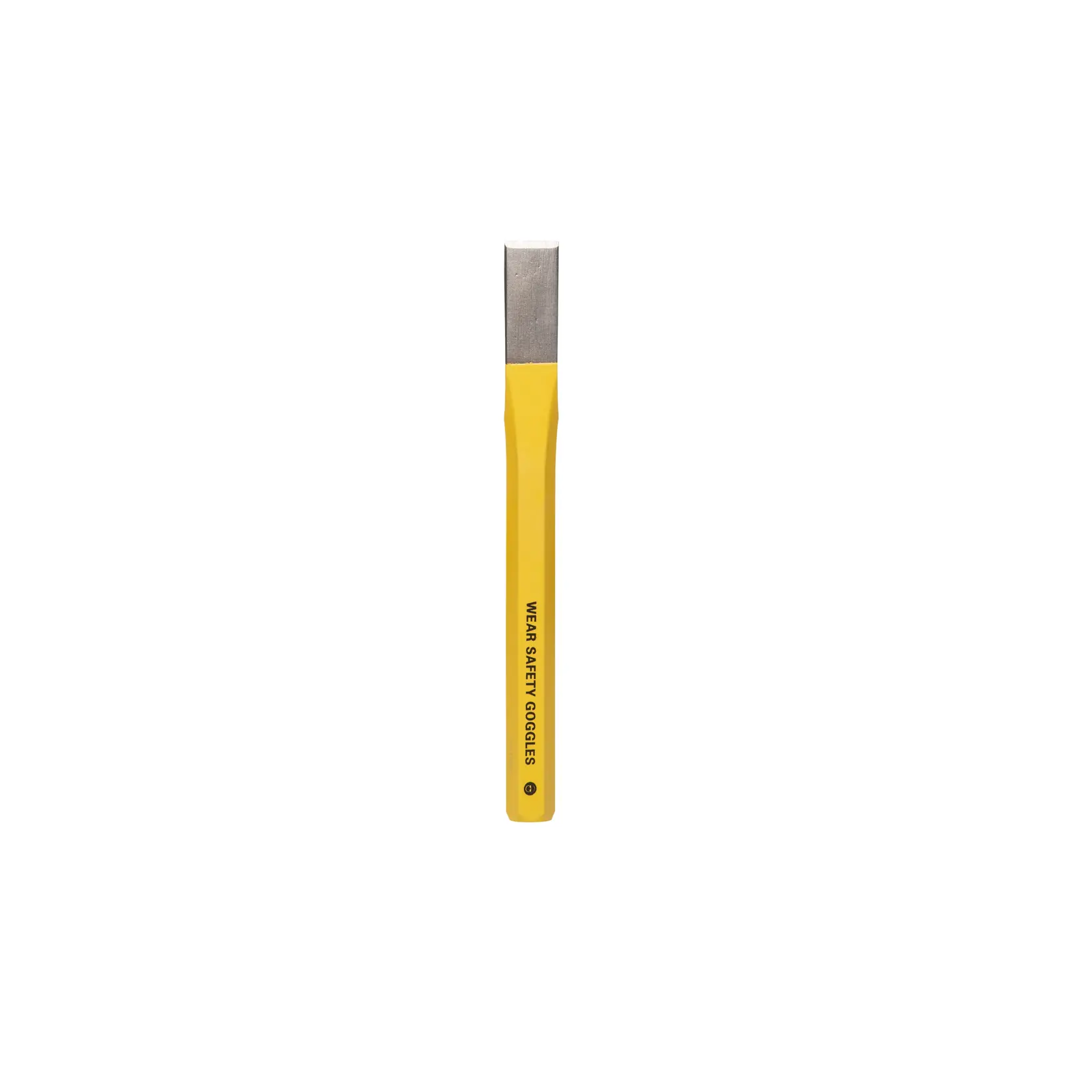 A flat Stanley chisel with a yellow handle and metal blade, positioned vertically against a white background. The handle has safety instructions printed on it.