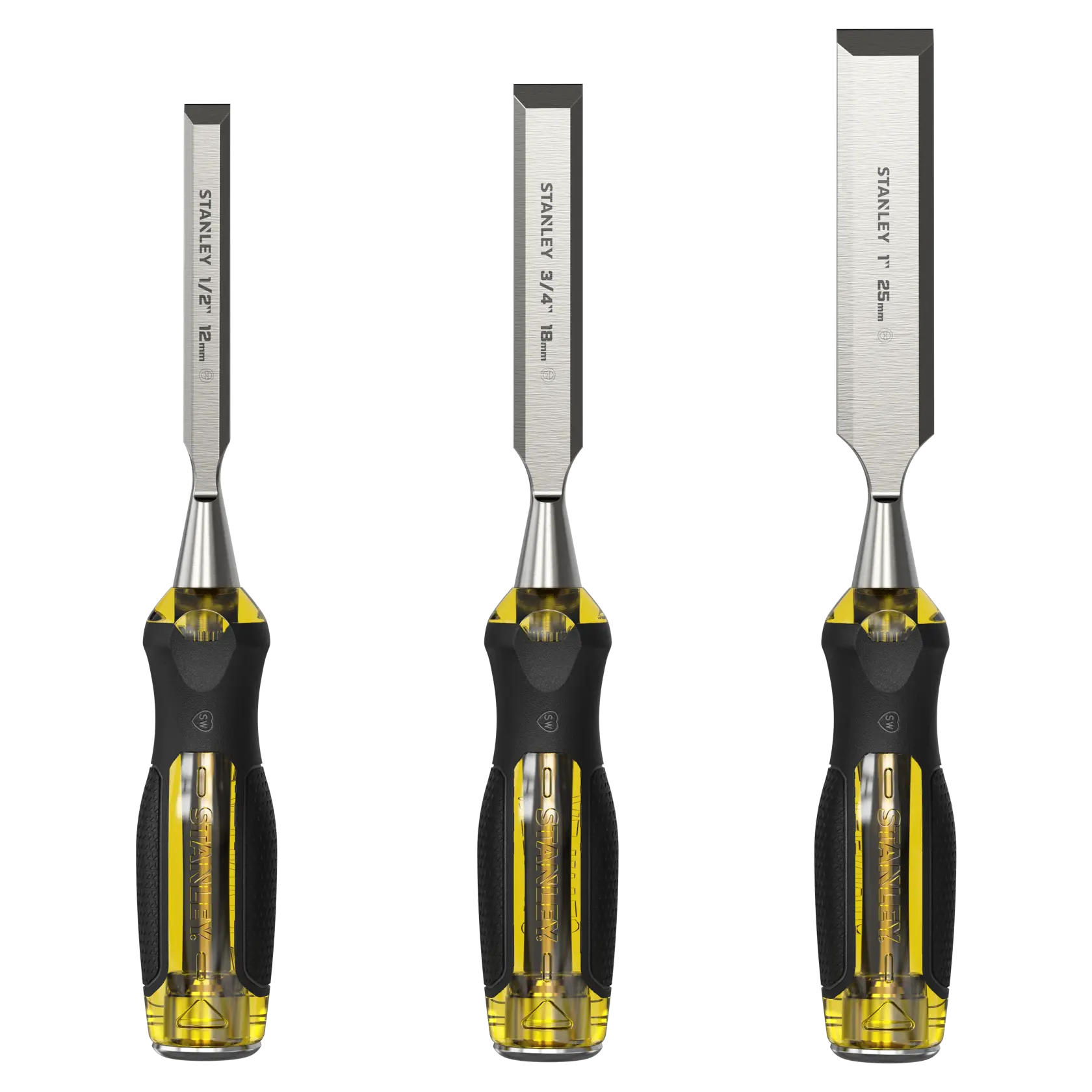STANLEY 2-16-268 chisel set with amber handles in a white plastic case, angled view, product photography.