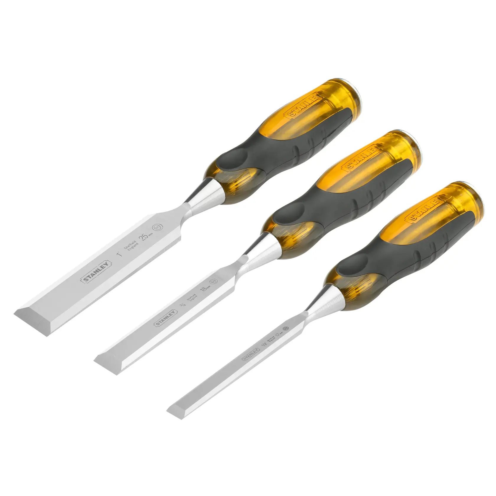 Stanley set of three wood chisels with yellow and black handles, arranged side by side on a white background.