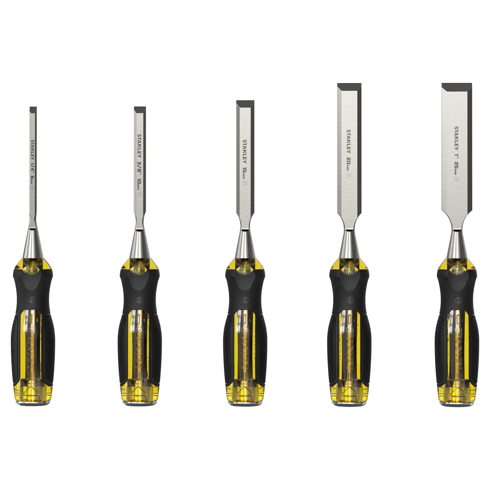 STANLEY 2-16-269 chisel set with amber handles in open black and white plastic case, angled top view.