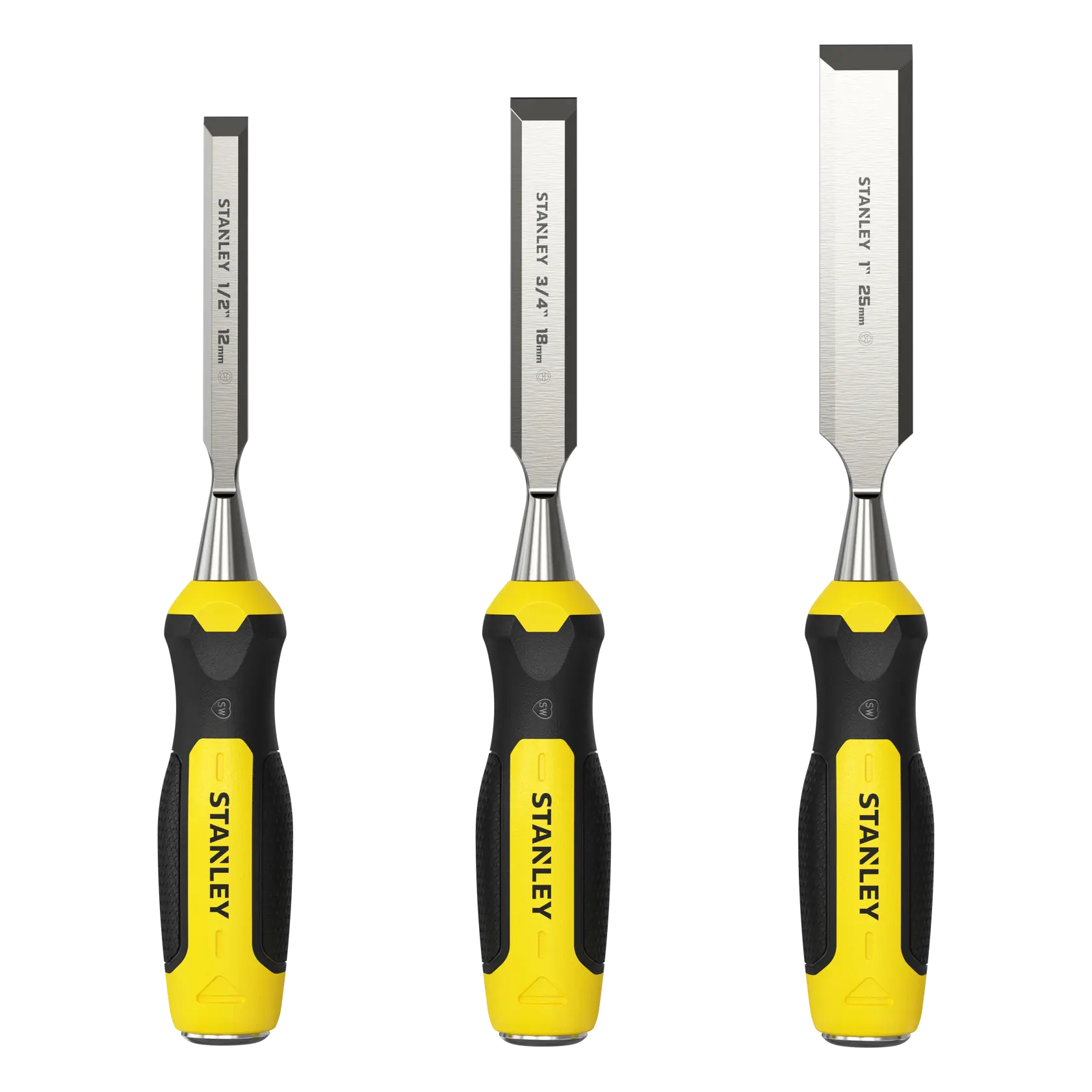 Stanley set of three wood chisels with yellow and black handles in different sizes, displayed upright.